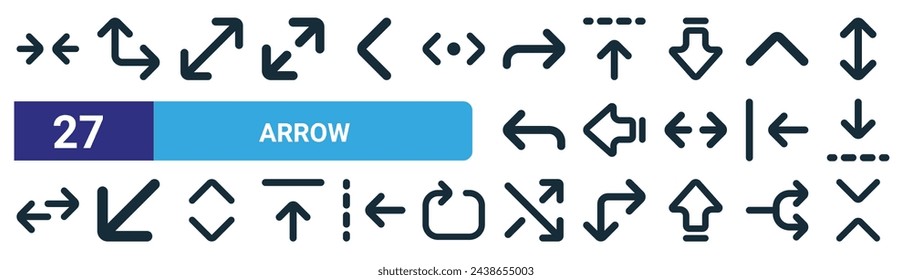 set of 27 outline web arrow icons such as minimize, up right arrow, diagonal arrow, up, left, down left, switch, chevron vector thin line icons for web design, mobile app.