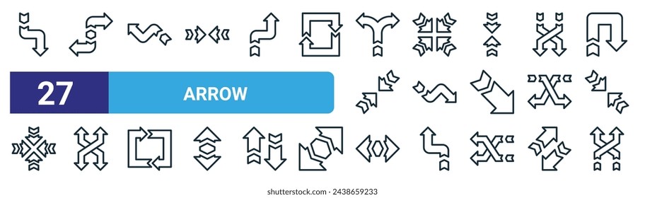 conjunto de 27 iconos de flecha web de contorno como flecha curva, dos flechas, cuatro flechas curvadas, baraja curvada, dos flechas, vector de baraja iconos de línea fina para diseño web, aplicación móvil.