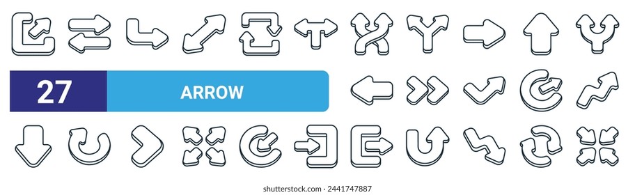 set of 27 outline web arrow icons such as expand, swap, turn, split, fast, redo, log out, focus vector thin line icons for web design, mobile app.