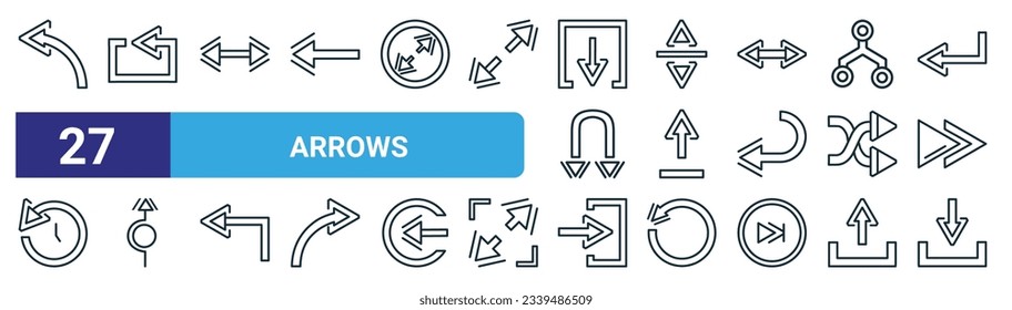 set of 27 outline web arrows icons such as left curve, looping arrow, horizontal resize, vertical resize, underline up arrow, roundabout, enter left, download vector thin line icons for web design,