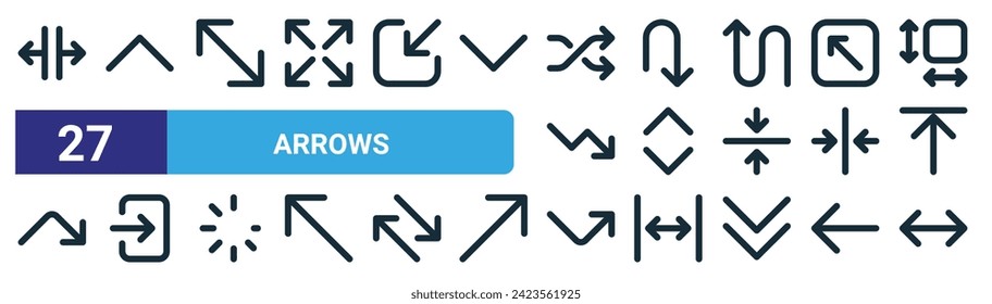 set of 27 outline web arrows icons such as width, up chevron, size, return, up and down arrow, log in, bounce, wide vector thin line icons for web design, mobile app.