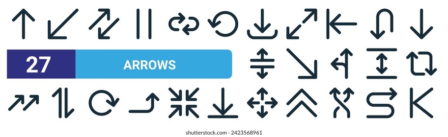 set of 27 outline web arrows icons such as up arrow, down left arrow, change, expand arrows, down right arrow, mobile data, move, previous vector thin line icons for web design, mobile app.