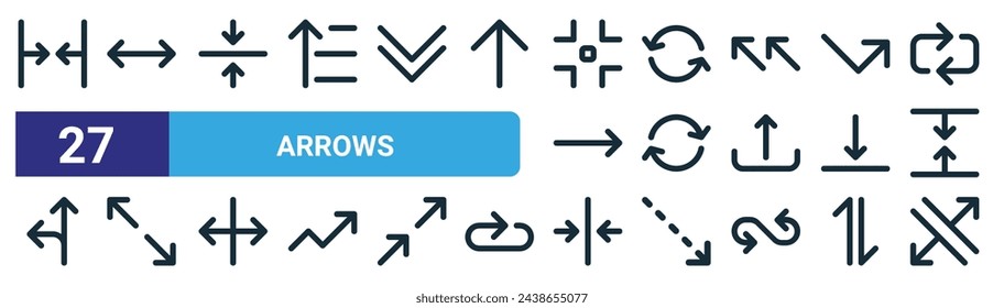 set of 27 outline web arrows icons such as minimize, left right, align center, loop, loop, diagonal arrows, align center, diagonal arrows vector thin line icons for web design, mobile app.