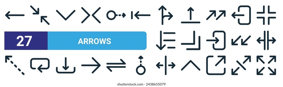 set of 27 outline web arrows icons such as left arrow, diagonal arrows, down chevron, move up, bottom right, backward, distribute spacing horizontal, maximize vector thin line icons for web design,