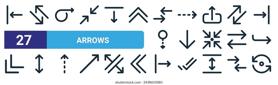 set of 27 outline web arrows icons such as left alignment, diagonal arrows, forward, right arrow, down arrow, up down, move right, camera rotate vector thin line icons for web design, mobile app.