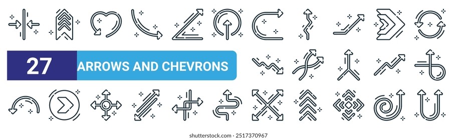 Satz von 27 Umriss Web-Pfeile und chevrons Symbole wie Pfeile, Pfeile, Vektor dünne Linie Symbole für Web-Design, mobile App.