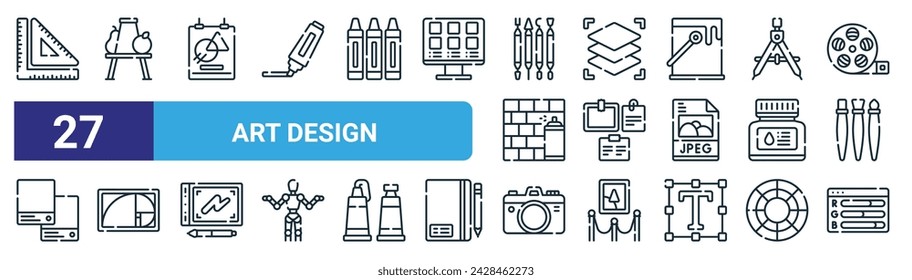 set of 27 outline web art design icons such as ruler, still life, poster, layer, mood board, golden ratio, camera, rgb vector thin line icons for web design, mobile app.