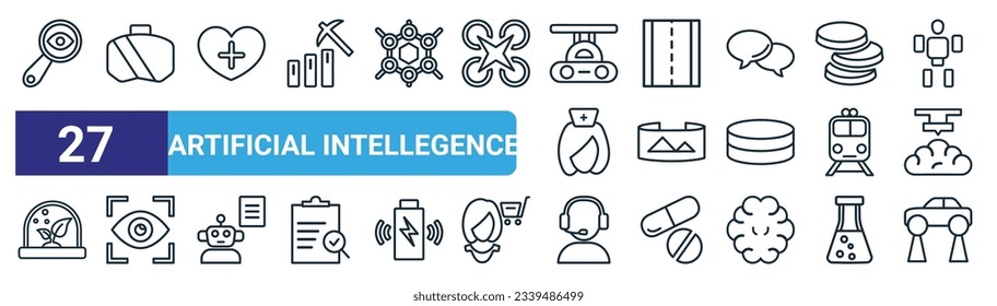 set of 27 outline web artificial intellegence icons such as detection, oculus rift, healthcare, road, field of view, eye tracking, assistant, hover transport vector thin line icons for web design,