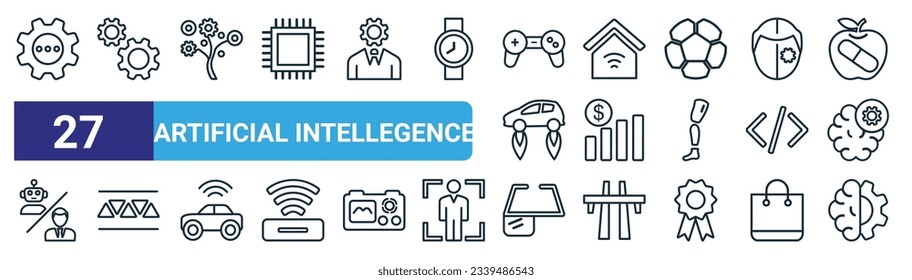 set of 27 outline web artificial intellegence icons such as processing, hine, technology tree, smart home, business, high capacity color barcode, ar monocle, deformity vector thin line icons for web