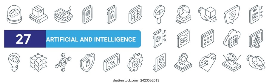 conjunto de 27 iconos web artificiales y de inteligencia como cerebro, cinta transportadora, batería, globo, sitio web, compuesto, gestión de archivos, iconos de línea delgada del vector cerebro para diseño web, aplicación móvil.