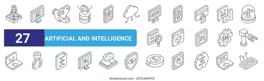 set of 27 outline web artificial and intelligence icons such as robotic arm, technology, artificial heart, mobile, d de, robotic arm, iot, keyboard vector thin line icons for web design, mobile app.