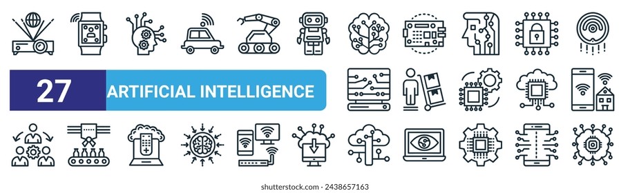 Set von 27 Outline Web künstliche Intelligenz Icons wie Holografie, Smartwatch, Hine Learning, Motherboard, Push Cart, Förderer, Cloud Computing, Mikroprozessor-Vektor dünne Linie Icons für Web