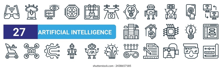 set of 27 outline web artificial intelligence icons such as smart glasses, cloud backup, monitoring, robot, smart home, drone technology, game controller, prototyping vector thin line icons for web