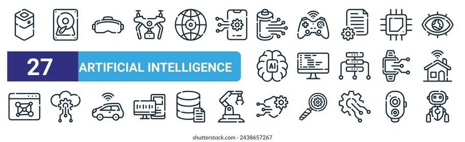 set of 27 outline web artificial intelligence icons such as speaker, hard drive, glasses, joystick, programming, cloud, protection, robot vector thin line icons for web design, mobile app.