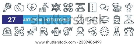 set of 27 outline web artificial intellegence icons such as detection, oculus rift, healthcare, road, field of view, eye tracking, assistant, hover transport vector thin line icons for web design,