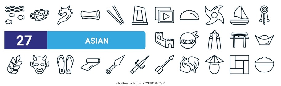 conjunto de 27 íconos web asiáticos como bajo el agua, nudillos, dragón, jiaozi, ninja, hannya, quiver, iconos de línea delgada vector de arroz para diseño web, aplicación móvil.