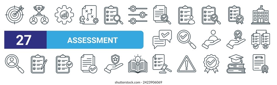 conjunto de 27 íconos de evaluación web de esquema como destino, logro, mejora, evaluación, evidencia, evaluación, cumplimiento, iconos de línea delgada vectorial de certificado para diseño web, aplicación móvil.