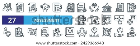 set of 27 outline web assessment icons such as benchmark, report, planning, proficient, implementation, review, community, placement vector thin line icons for web design, mobile app.