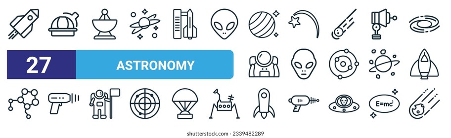 set of 27 outline web astronomy icons such as rocket ship, observatory, radar pointing up, falling star, extraterrestrial, laser gun, rocket start, asteroid vector thin line icons for web design,