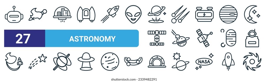 set of 27 outline web astronomy icons such as space robot, earth and moon, space colony, meteor shower, space collision, shooting star, stargate, black hole vector thin line icons for web design,