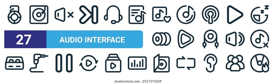 Conjunto de 27 iconos de interfaz de audio de Web de contorno como caja de música, Vynil, silencioso, álbum de música, picos de guitarra, jack, caso, Vector de grabación de CD iconos de línea delgada para Diseño web, App móvil.