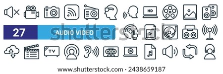 set of 27 outline web audio video icons such as mute, movie camera, camera, hd screen, video file, clapper board, stream, listening vector thin line icons for web design, mobile app.