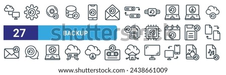 set of 27 outline web backup icons such as cloud network, restore, cd, smart watch, chip, chat, smart home, music vector thin line icons for web design, mobile app.