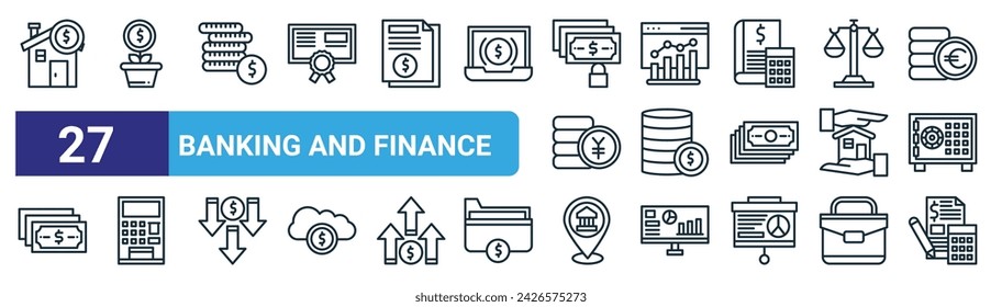 conjunto de 27 iconos de banca web esquemática y finanzas tales como precio, planta de dinero, monedas, análisis, monedas, cajero automático, ubicación, vector de contabilidad delgada línea iconos para el diseño web, aplicación móvil.