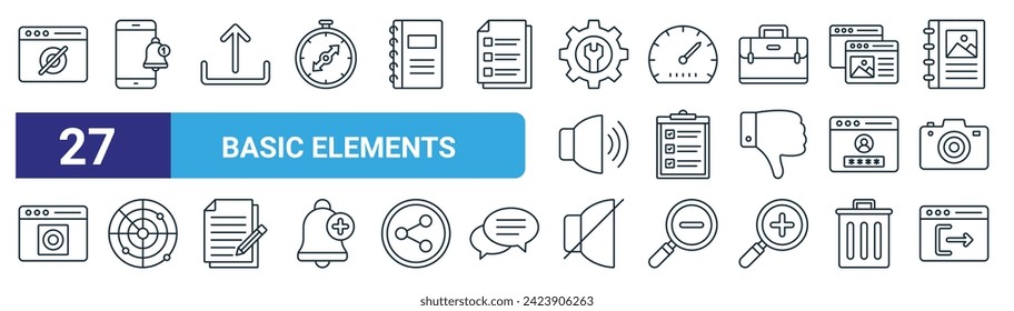 set of 27 outline web basic elements icons such as hide, notification, upload, speedometer, shopping list, radar, muted,   vector thin line icons for web design, mobile app.