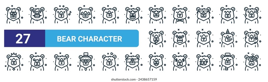 conjunto de 27 iconos de personaje de oso web de contorno como ricos, bigote, cantar, señor, miedo, conmocionado, lengua, vector herido iconos de línea delgada para el diseño web, aplicación móvil.