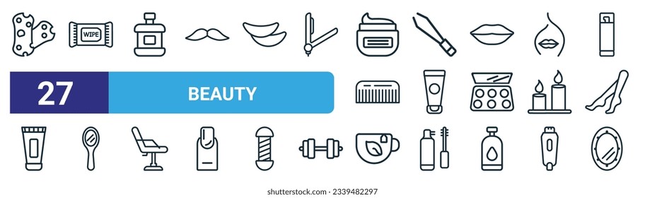 set of 27 outline web beauty icons such as bath sponge, wet wipes, mouthwash, tweezers, cream tube, hand mirror, tea, makeup mirror vector thin line icons for web design, mobile app.