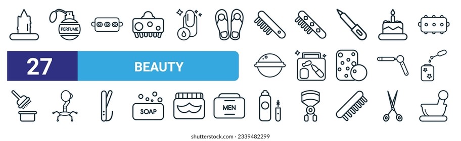 set of 27 outline web beauty icons such as candle light, round perfume bottle, curler with pin, one comb, makeup, stand hairdryer, aplicator bottle, mortar bowl vector thin line icons for web