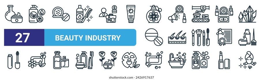 set of 27 outline web beauty industry icons such as animal testing, ingredients, face powder, marketing, dermatology, soap, soap, facial vector thin line icons for web design, mobile app.