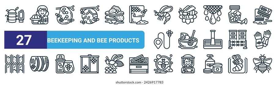 set of 27 outline web beekeeping and bee products icons such as smoker, beekeeper, bee, nectar, honey, wax, soap, bee vector thin line icons for web design, mobile app.