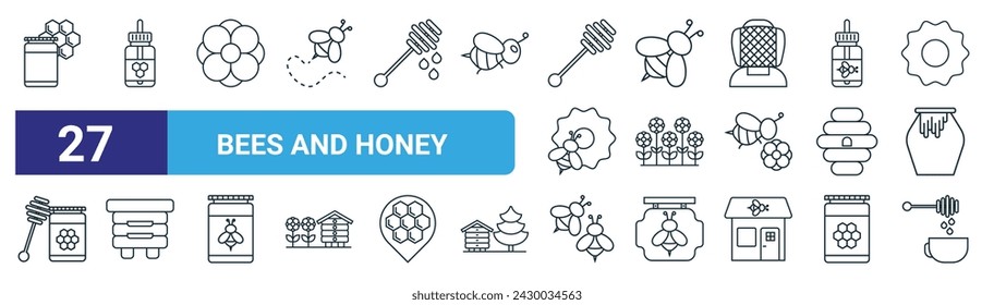 set of 27 outline web bees and honey icons such as honey jar, serum, flower, bee, flowers, bee box, bees, tea mug vector thin line icons for web design, mobile app.