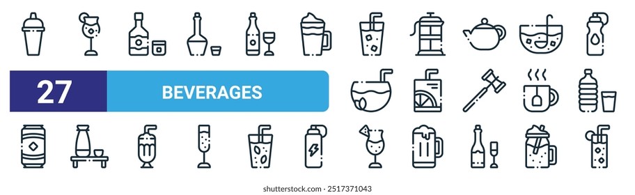 conjunto de 27 ícones da web de esboços de bebidas, como shaker, coquetel, uísque, cafeteira, caixa de suco, saquê, , sangrenta maria vetor fino linha ícones para web design, aplicativo móvel.