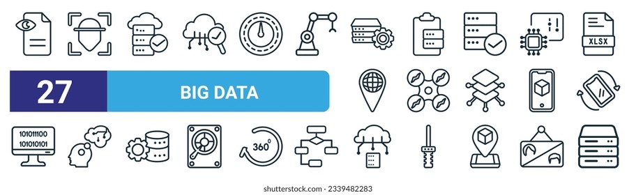Set von 27 Umrisssymbole für große Datenfelder wie Seitenaufrufe, Gesichtserkennung, Verfügbarkeit, Umfrage, Drohne, Big Data, Speicher-Vektorgrafiken für dünnes Webdesign, mobile App.