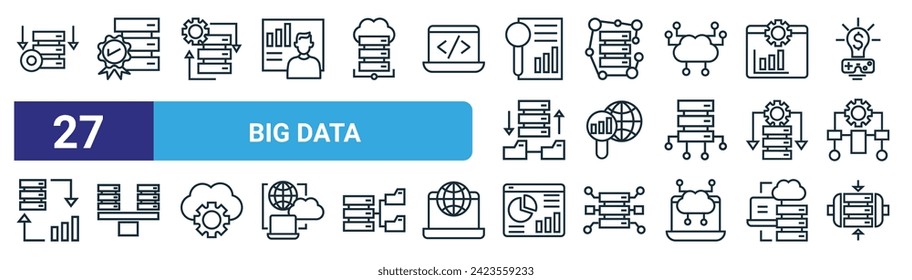 set of 27 outline web big data icons such as storage device, data quality, data processing, complexity, network analysis, load balancer, visualization, compression vector thin line icons for web