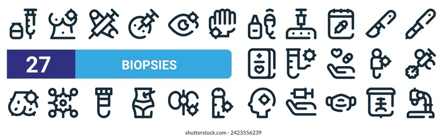 set of 27 outline web biopsies icons such as biopsy, breast, needle, biopsy, virus, virus, head, microscope vector thin line icons for web design, mobile app.