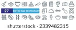 set of 27 outline web bistro and restaurant icons such as two cherries, vintage teapot, bowl of olives, mermelade tin, tray and cover, hot dog with ketchup, tea, coffe pot vector thin line icons for