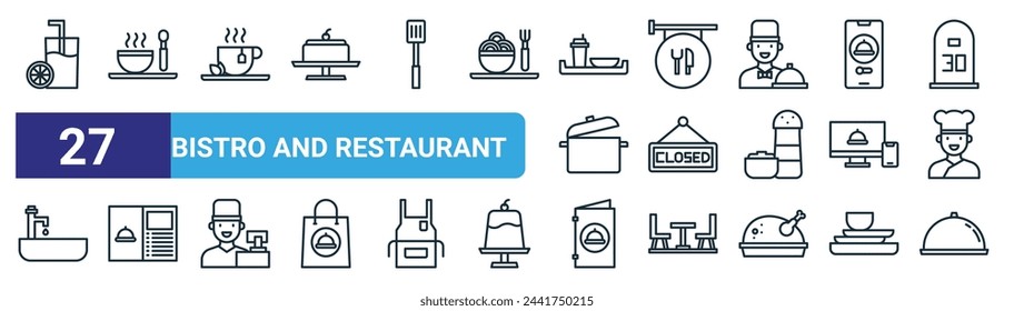 set of 27 outline web bistro and restaurant icons such as juice, soup, hot tea, restaurants, closed, menu, menu, tray vector thin line icons for web design, mobile app.
