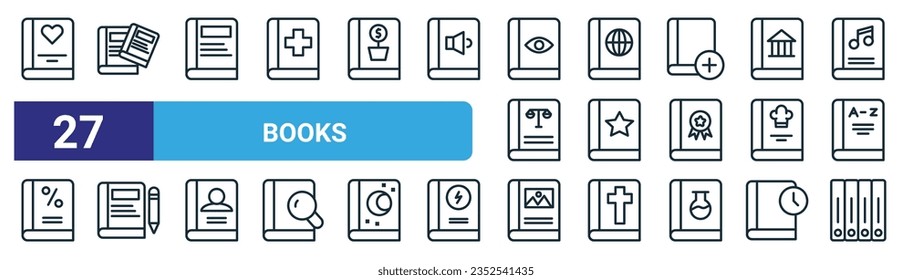 set of 27 outline web books icons such as romantic novel, library, book, map book, childrens book, photo album, vector thin line icons for web design, mobile app.