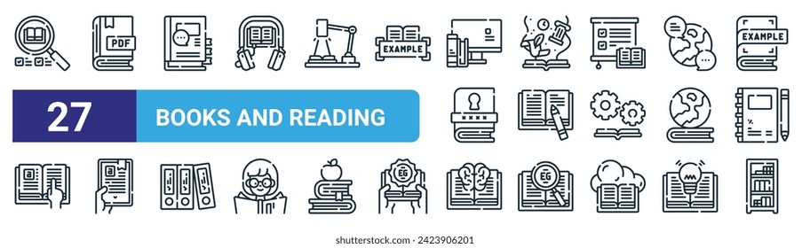 set of 27 outline web books and reading icons such as search, pdf, book, history, writing, reading, reading, bookshelf vector thin line icons for web design, mobile app.