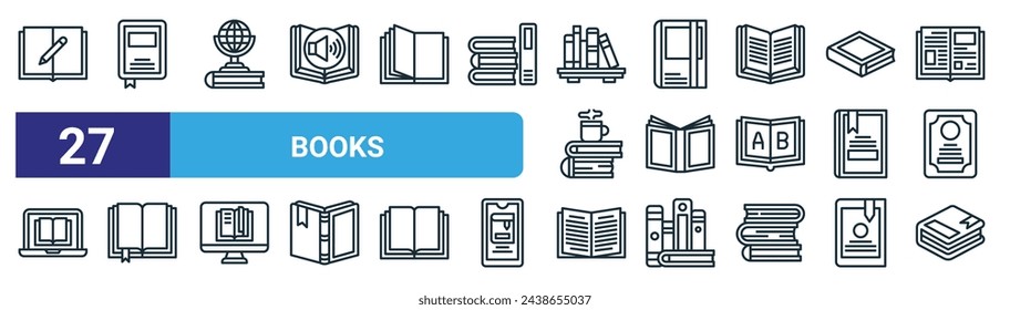 set of 27 outline web books icons such as book, book, book, vector thin line icons for web design, mobile app.