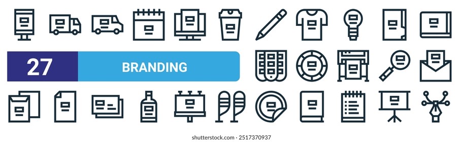 set of 27 outline web branding icons such as mupi, truck, van, tshirt, color palette, file, sticker, de vector thin line icons for web design, mobile app.