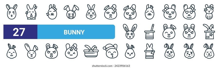 conjunto de 27 iconos de conejo web de contorno como conejito, conejito, sombrero mágico, iconos de línea delgada vectorial para diseño web, aplicación móvil.