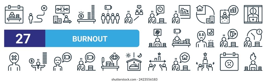 set of 27 outline web burnout icons such as work hard, failure, re, performance, burnout, overwork, competition, angry vector thin line icons for web design, mobile app.