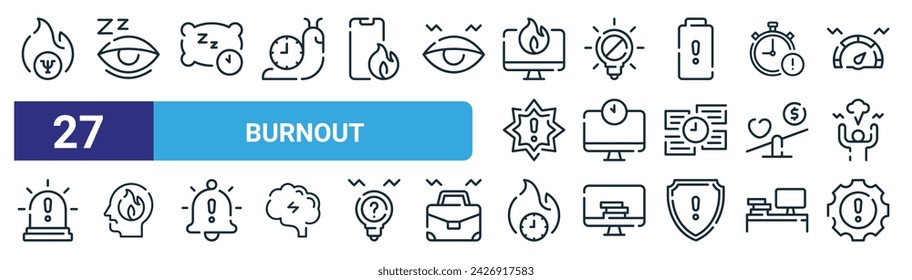 set of 27 outline web burnout icons such as mental health, sleepy, rest time, no idea, deadline, burnout, burning, risk management vector thin line icons for web design, mobile app.