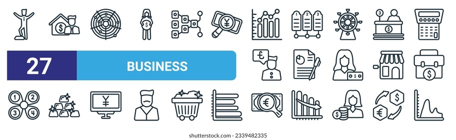 set of 27 outline web business icons such as man success, mortgage and man, spider chart, numbered information, profit report, ingot, euro under magnifying glass search, smooth line chart vector