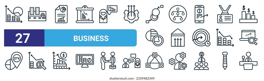 set of 27 outline web business icons such as wave chart, 3d location graph, report, hierarchy, stock market, dollar analysis bars, database interconnected, conference vector thin line icons for web